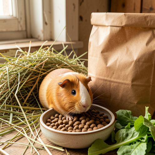 Cochon d’Inde mangeant des granulés dans une gamelle, entouré de foin frais, de légumes verts et d’un grand sac d’aliments sans inscription.