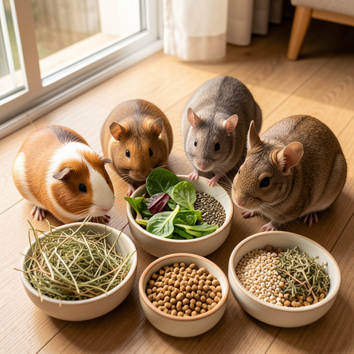 Un cochon d’Inde, un hamster, une souris, un rat et un chinchilla découvrent chacun un bol contenant une alimentation adaptée à leur espèce.