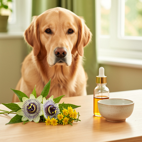 Chien golden retriever assis près de brins de passiflore et de millepertuis, avec un compte-gouttes et un petit bol sur une table en bois.