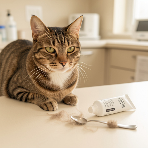 Chat domestique à côté d’un tube de pâte anti-boules de poils non étiqueté et d’une cuillère doseuse, dans un environnement propre et rassurant.