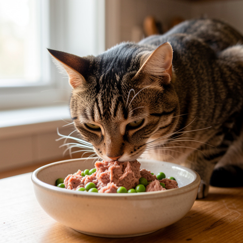 Chat domestique mangeant une pâtée au thon avec de petits pois dans un bol en céramique, dans une cuisine éclairée par une douce lumière naturelle.