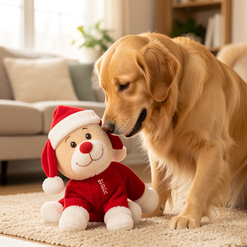 Chien golden retriever examinant une peluche de Père Noël rouge et blanche conçue pour être sûre et résistante.