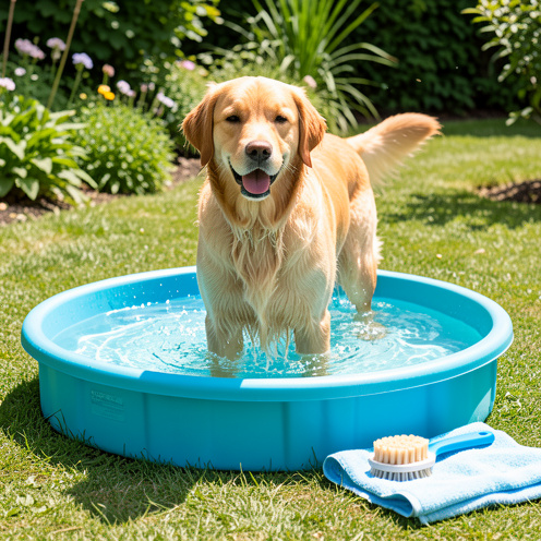 Un golden retriever joue dans une piscine ronde pour chien de 80 centimètres, avec un fond antidérapant et des accessoires d’entretien dans un jardin ensoleillé.