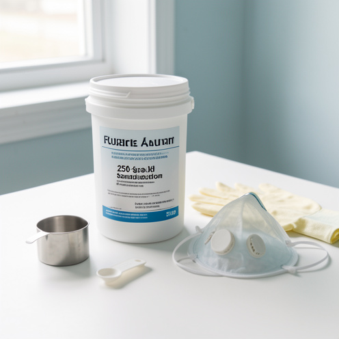 Contenant générique de poudre sanitaire de 250 g avec doseur, gants de protection et masque posés dans un espace utilitaire propre et bien ventilé.