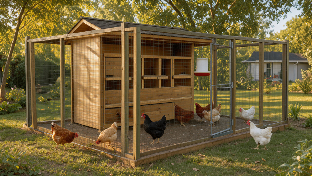 Poulailler en bois bien aménagé dans un jardin, avec enclos grillagé, pondoirs, mangeoire, abreuvoir et plusieurs poules.