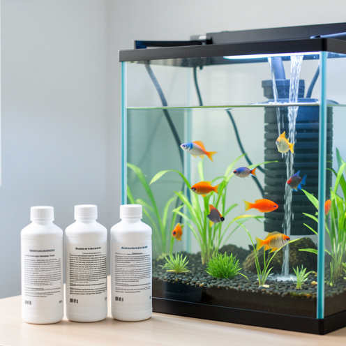 Produits de traitement et d’entretien sans marque disposés près d’un aquarium d’eau douce clair, entouré de plantes aquatiques et de poissons tropicaux.