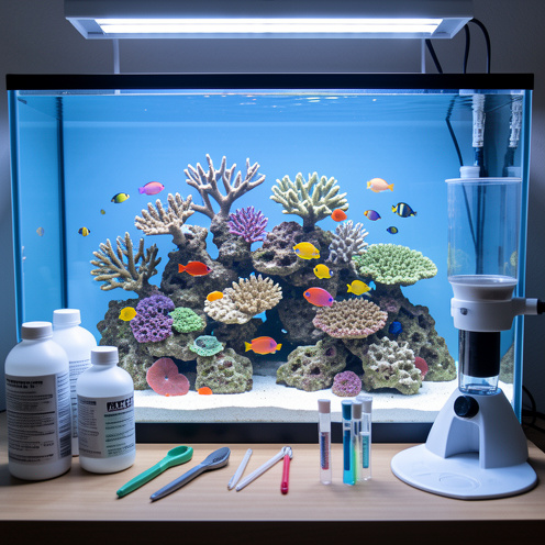 Aquarium récifal coloré avec coraux, poissons tropicaux et accessoires d’entretien disposés autour du bac.