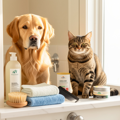 Un chien golden retriever et un chat tigré entourés de produits de toilette et de soin pour animaux, dans une ambiance lumineuse et propre.