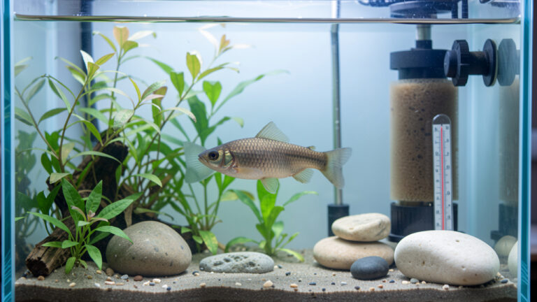 Petit poisson d’eau douce dans un aquarium de quarantaine propre, avec des plantes aquatiques, un filtre éponge et un thermomètre.