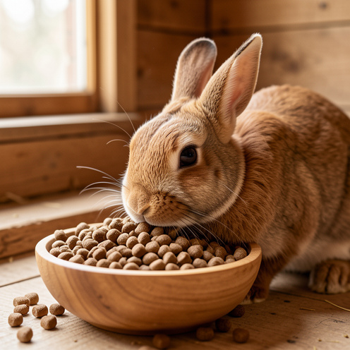 Lapin domestique mangeant des granulés bruns dans une écuelle en bois, dans un espace propre et chaleureux.