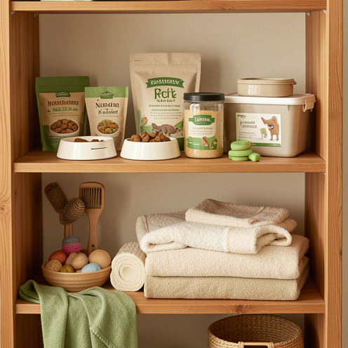 Assortiment de produits pour animaux comprenant des bols, des friandises, des accessoires de toilettage, des jouets et des contenants de nourriture présentés sur une étagère en bois.