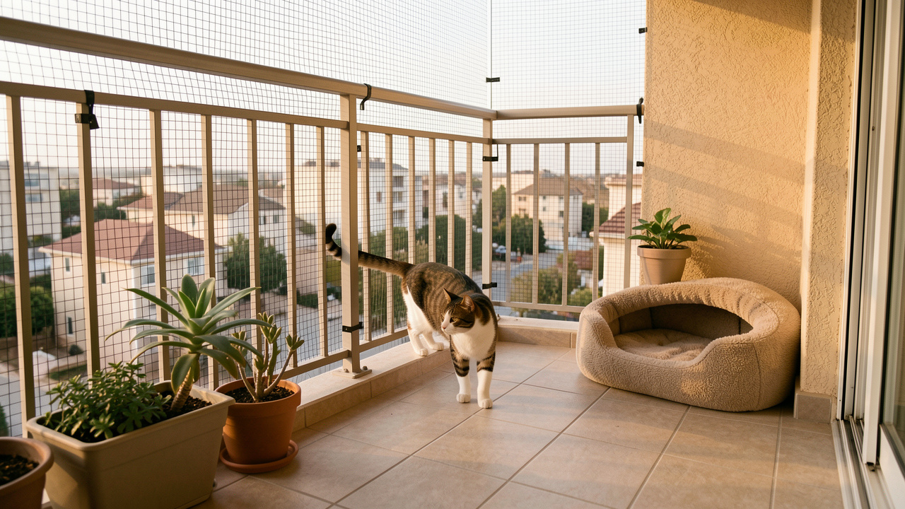 Chat explorant un balcon sécurisé par un filet transparent, avec un couchage ombragé, des plantes adaptées et un espace dégagé.