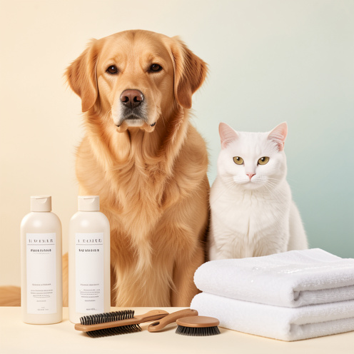 Un chien golden retriever et un chat blanc entourés de produits de toilettage, de brosses et de serviettes dans un décor lumineux et soigné.