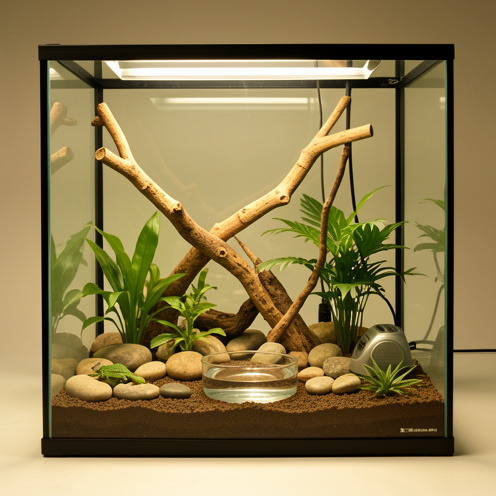 Terrarium en verre aménagé avec branches, pierres, plantes, coupelle d’eau, substrat et équipement de chauffage.