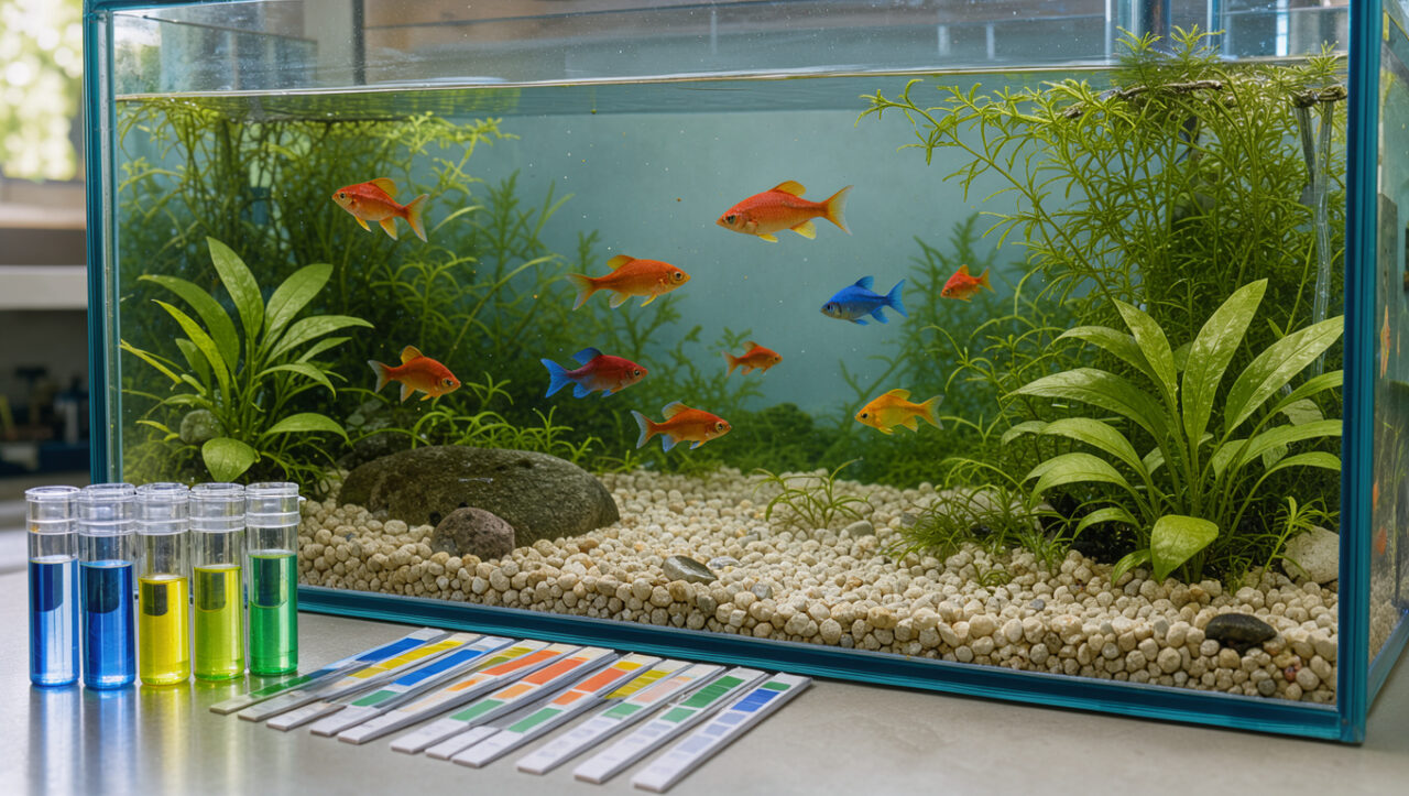Aquarium d’eau douce avec des poissons tropicaux, des plantes aquatiques et du matériel de test de l’eau disposé à côté du bac.