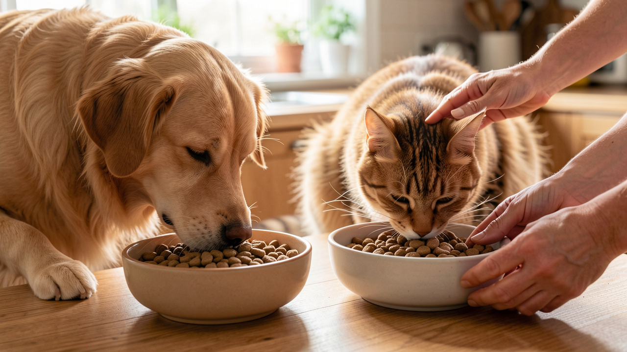 Un chien et un chat en bonne santé mangent calmement dans des bols séparés contenant une transition progressive entre deux aliments.