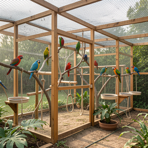 Grande volière aménagée pour des perroquets avec perchoirs naturels, cordes suspendues, mangeoires, abreuvoirs, plantes feuillues et espace de vol.